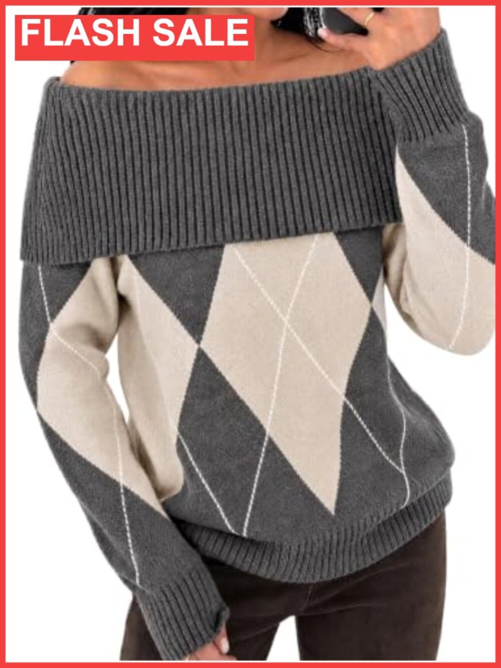 Off the Shoulder Argyle Sweater Color Block Knit Pullover